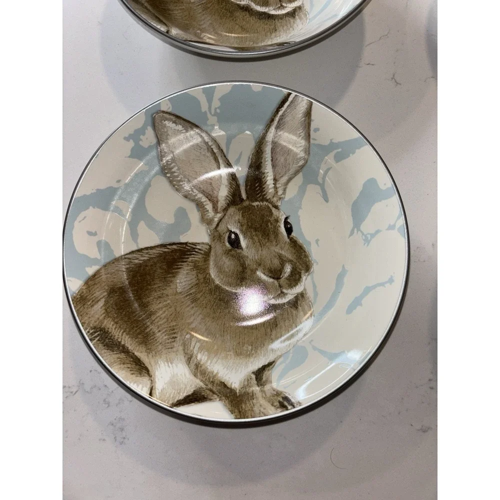 Set Of 4 Williams Sonoma Damask Bunny Cereal SOUP BOWL Blue Floral Rabbit  7.5